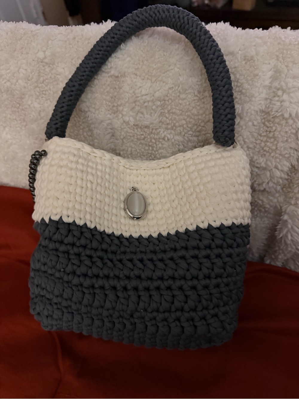 Handmade Crochet Two-Tone Gray and Cream Women’s Tote Bag